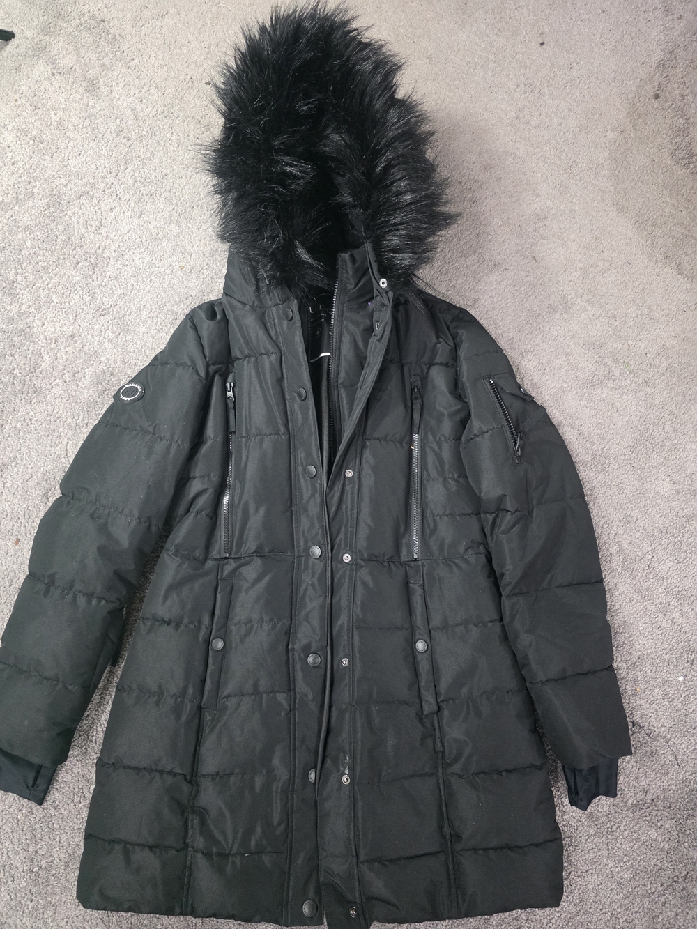 Nautica Black Long Faux-Fur Hooded Puffer Coat